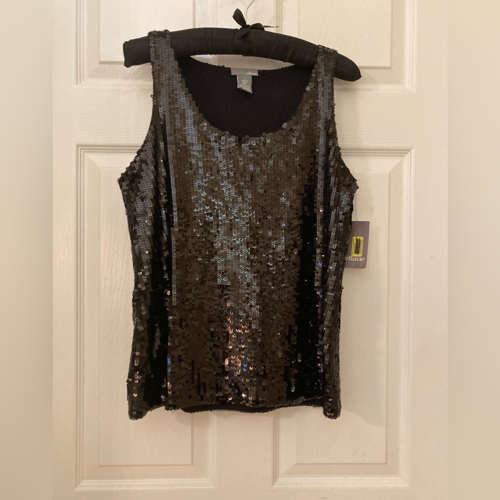 Sequined Black Top SZ L Beautiful Sequins all around the Top by Ellavie NWT 89$